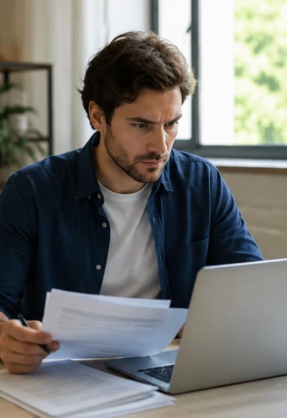 Dueño de un negocio revisando sus documentos frente a la notebook
