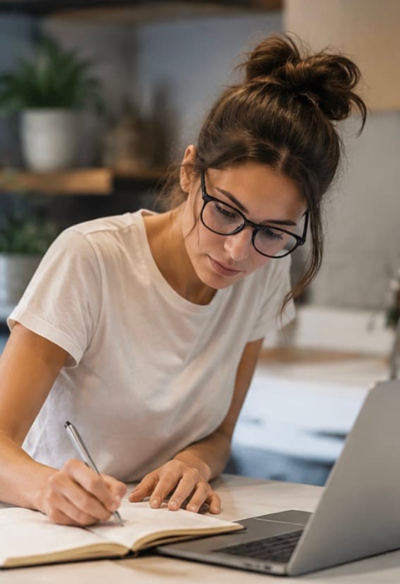 Emprendedora tomando notas mientras el bot procesa sus fuentes