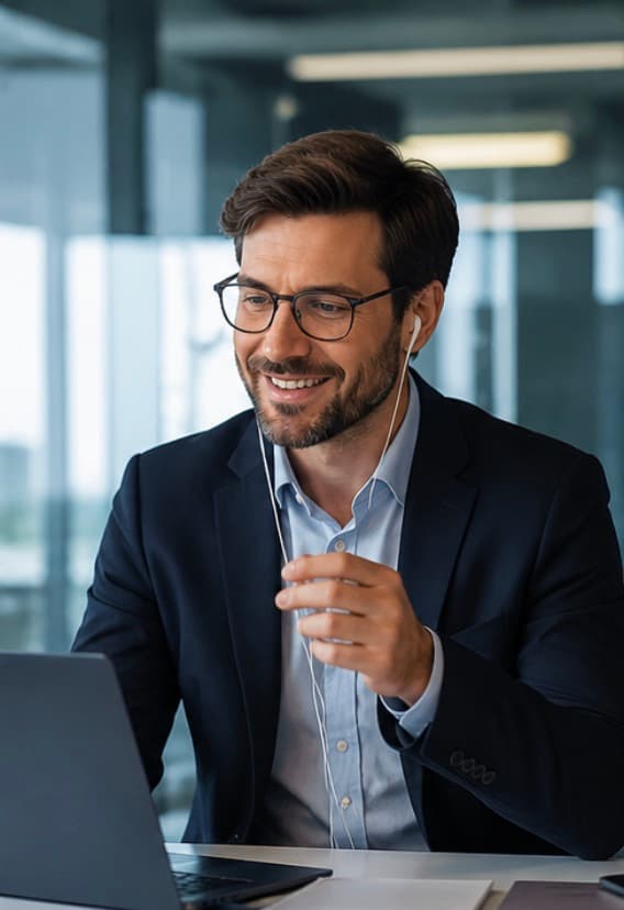 Vendedor atendiendo a un cliente por videollamada, sonriendo